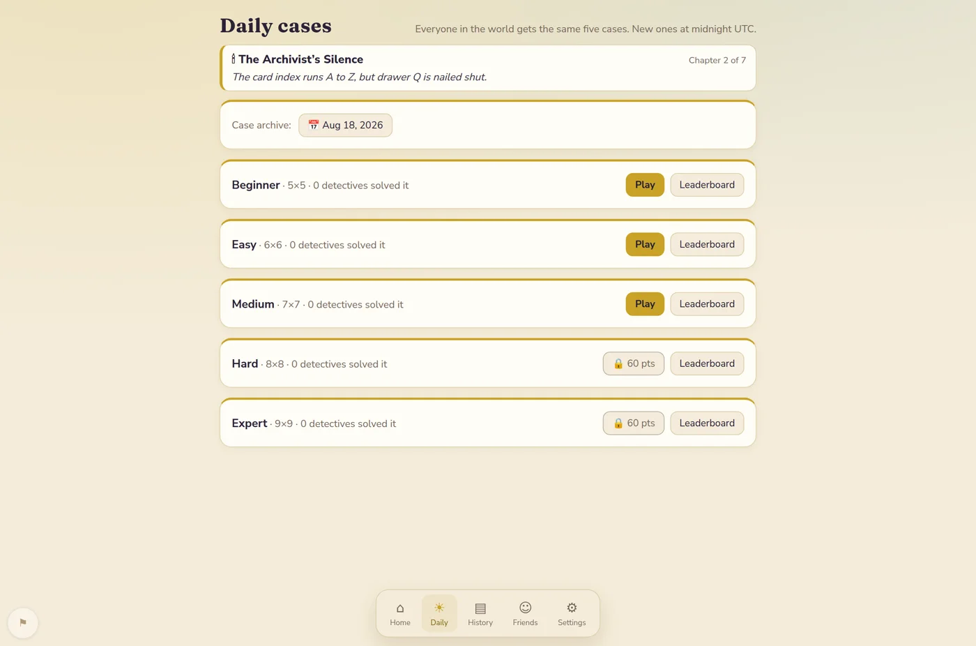 The daily difficulty tiers, beginner through expert