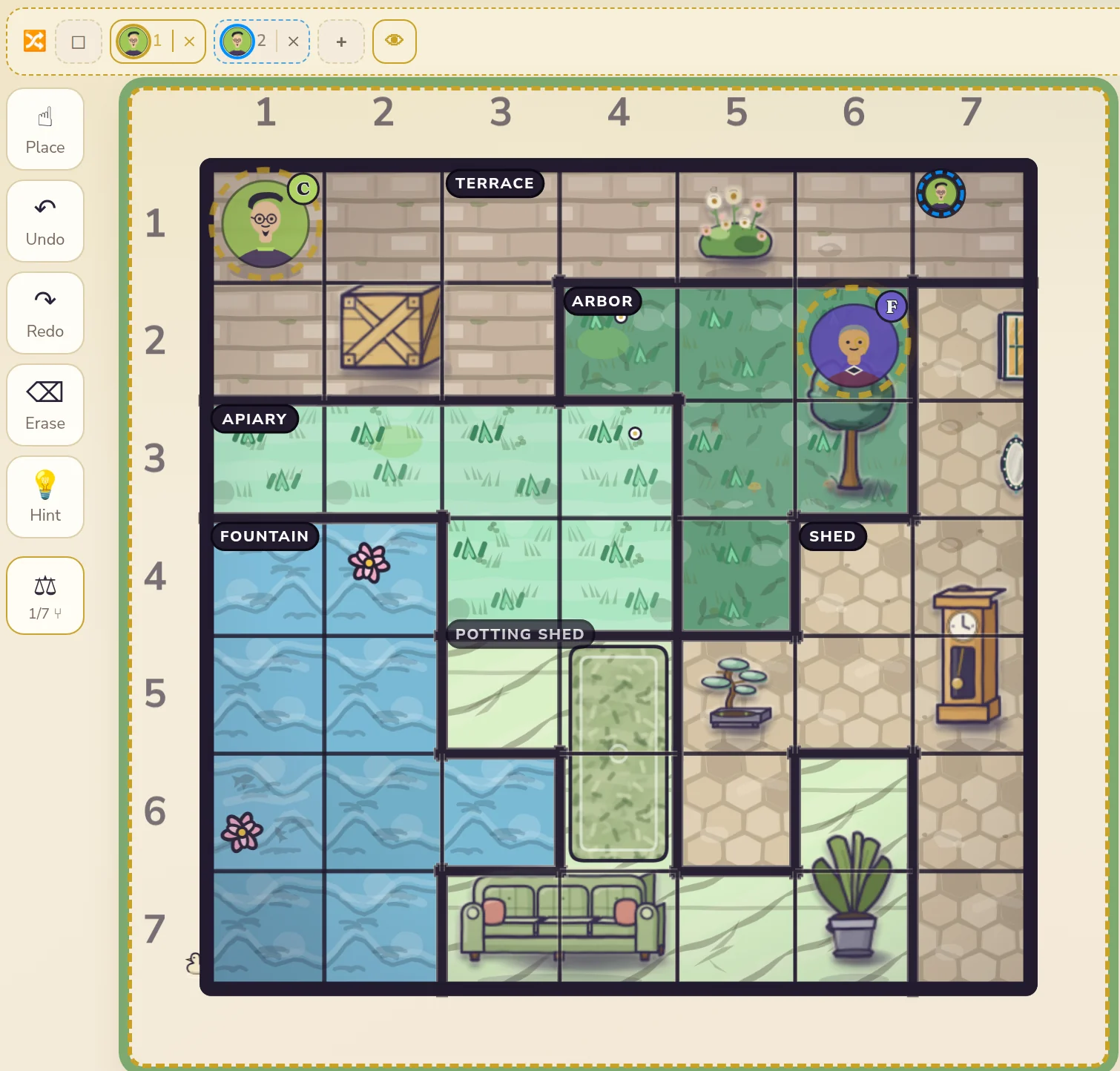 Standing in option 1: the suspect is back on square 1, the guess waits as a mini portrait, the column claim is gone and a second suspect is placed on the board instead
