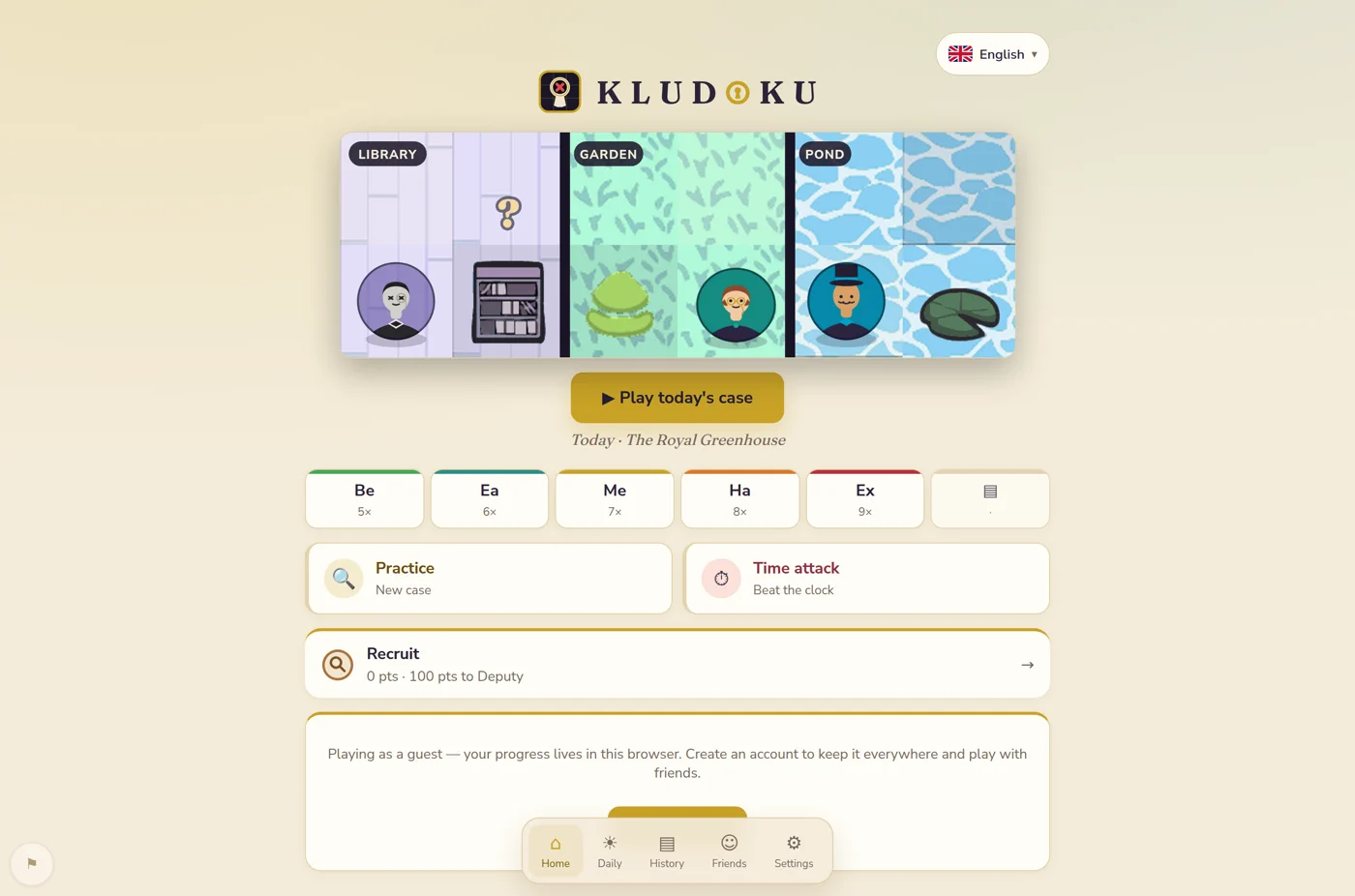 The Kludoku home screen: the day’s cases, beginner to expert